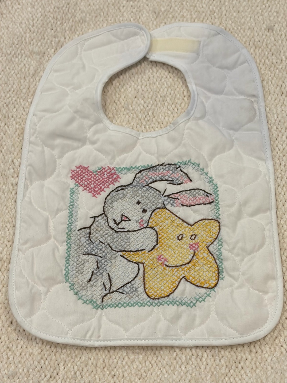 NWOT Embroidered Bib Quilted Cross Stitch Bunny Rabbit Star Bib
